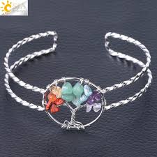 Csja Women Cuff Bracelet Gemstone Chips Silver Bangle Natural Stone Beads Jewelry Handmade Wisdom Tree Of Life Jewellery F503 Rajasthani Bangles