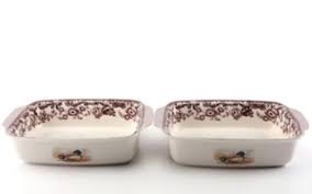 Brown and white background quail motif. Lot Art Spode Woodland Quail And Mallard Transfer Printed Handled Serving Dishes