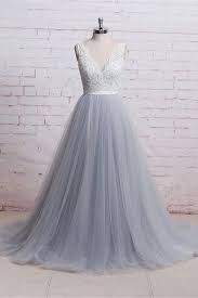 Classy Lace And Tulle V Neck Gray Long Flowy Prom Dresses Evening Dresses Z0439 Grey Wedding Dress Tulle Evening Dress Prom Dresses Long Lace