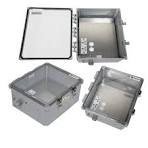 14x12x06 Polycarbonate Weatherproof Outdoor IP66 NEMA 4X Enclosure, 240 VAC  Universal Outlet MNT PLT, MECH Therm Heat Clear Lid DKGY