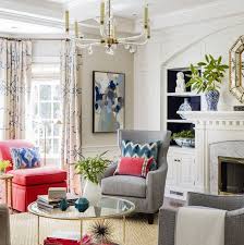 Blue velvet sofa, baskets, metal coffee table and a woven rug. 55 Best Living Room Ideas Stylish Living Room Decorating Designs