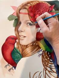 Redhead Woman With Australian Birds Print by Debra Meier Art, Native Flower  Wall Art, Australian Flowers and Birds ,artwork Gift