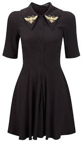 Black Vintage Style Shirt Dress With A Line Shirt And Gold Bees Embroidered In The Collar Wings Bee Dress Fashion Clothes