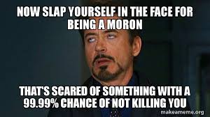 Now Slap Yourself In The Face For Being A Moron That S Scared Of Something With A 99 99 Chance Of Not Killing You Tony Stark Eye Roll Make A Meme