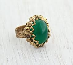 Vintage Green Stone Ring Adjustable Gold Tone W Germany Costume Jewelry Faux Jade Oval Cabochon By Maejean Vin Green Stone Rings Stone Rings Vintage Green