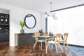 All trim, doors and staircase is oak. Corner Of Modern Dining Room With White Walls Dark Wooden Floor Stock Photo Picture And Royalty Free Image Image 142834767