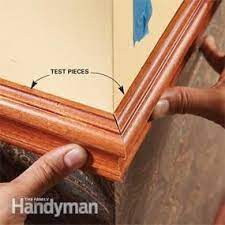Cutting the inner corner of the rail. How To Install A Chair Rail Molding The Family Handyman Chair Rail Molding Chair Rail Wood Chair Rail