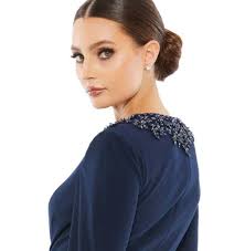 MAC DUGGAL 55713 BEADED HIGH NECK TWIST LONG SLEEVE TRUMPET MIDNIGHT GOWN  sz 10