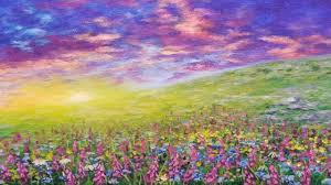 Painting of rays of sunshine through the clouds over the sea. Sunset Wildflower Landscape Acrylic Painting Live Tutorial Paintingtube