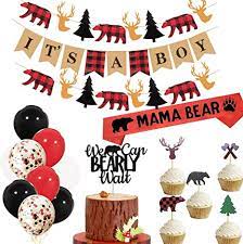 Amazon Com Lumberjack Baby Shower Set Banner Buffalo Plaid Rustic Hunter Theme It S A Boy Camping Bear Baby Shower Cake Topper Decorations Supplies Lumberjack Gender Reveal Banner Home Kitchen