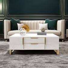 White Rectangular Coffee Table With Storage Of Drawers Doors In Gold In 2021 Livingroom Layout Glam Living Room Coffee Table With Drawers