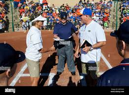 Michigan Wolverines head coach Carol Hutchins and Florida Gators head coach  Tim Walton during the lineup exchange with home plate umpire Sally Keller  before a game
