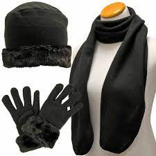 15 99 Amazon Com Black Cloche Fur Trim Fleece 3 Piece Hat Scarf Glove Set Clothing Gloves Set Fur Trim Hat And Scarf Sets