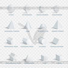 Plane geometry deals with flat shapes like lines, curves, polygons, etc., that can be drawn on a piece of paper. Geometric 3d Shapes With Names Vector Clipart