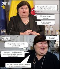 Maggie looking sideways, short brown hair, pink scarf, black vest, quote in white letters above her head: Belgian Health Minister Ladies And Gentlemen The European Version Of Trump 9gag