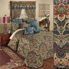 The vintage antique color story is exemplified here in muted hues of green, red on a warm neutral ground. Casanova Jacobean Floral Dark Teal Oversized Bedspread Bedding