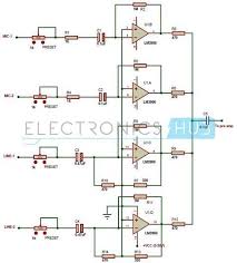Multi Channel Audio Mixer Circuit Using Lm3900 Circuit Diagram Audio Design Electronic Schematics