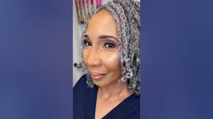 Selfie Time! Gorgeous Woman with Silver Curly Locs and Fabulous Makeup  Looks into Camera