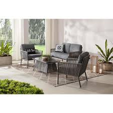 Hampton Bay Tolston 4 Piece Wicker Outdoor Patio Conversation Set With Charcoal Cushions Lg19189 4pc The Home Depot Conversation Set Patio Outdoor Conversation Sets Patio Seating Sets