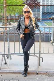 Lady Gaga Turns Heads In A Lace Crop Top And Leggings Crop Top And Leggings Black Studded Leather Jacket Studded Leather Jacket