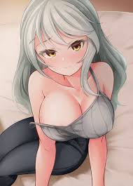 on bed, furrowed brow, striped, grey camisole, legs together - Anime R34