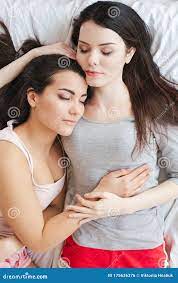 Lesbian Couple in Bedroom at Home Lying Top View Hugging Sleeping Peaceful  Stock Photo - Image of equality, communication: 175636376