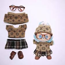 5-Piece Doll Clothes Set with Shoes, Hat, Plaid T-Shirt, Bib Pants, and Glasses