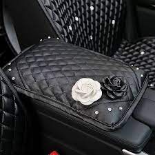 Black Leather Bling Car Center Console Cover With Black And White Camellia Car Bling Chanel Flap Handbags Bling Car Accessories