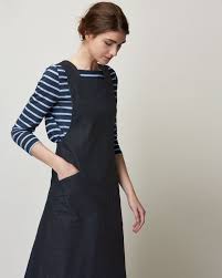 Pinafore Front Dress In Deep Indigo Dyed Denim Slanted Patch Pockets Wide Straps Crossing Over At Back Large Asymm Fashion Workwear Dress Minimal Fashion