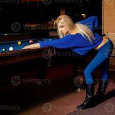 Portrait of sexual blonde woman with cue plays billliard 16519290 Stock  Photo at Vecteezy
