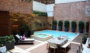 Points of interest ● freeform shaped pool calling back turquoise hues of garden stool and throw pillow ● 2 wicker lounge chairs with large turquoise deck umbrella ● tall and small yellow moroccan scrollwork outdoor. 23 Small Pool Ideas To Turn Backyards Into Relaxing Retreats