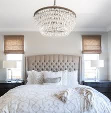 Small Bedroom Chandeliers Master Bedroom Linen Bed Roman Shades Cream Bedding Calming Master B Master Bedroom Lighting Home Decor Bedroom Simple Bedroom