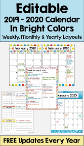 2020 2021 Calendar Printable And Editable In Bright Colors With Free Updates Editable Calendar Calendar Printables Monthly Calendar Printable
