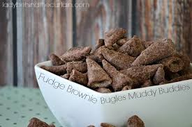 We designed a free printable tag to go with this sweet snack mix. Fudge Brownie Bugles Muddy Buddies Recipe Snack Mix Recipes Bugles Snack Mix Fudge Brownies