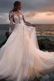 Champagne Tulle Wedding Dress With Illusion Lace Long Sleeves Long Sleeves Wedding D Long Sleeve Wedding Dress Lace Wedding Dress Necklines Tulle Wedding Dress