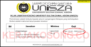 Jawatan kosong institut penyelidikan perhu… permohonan adalah dipelawa daripada warganegara malaysia yang berkelayakan untuk mengisi kekosongan jawatan kosong terkini di institut penyelidikan perhutanan malaysia (frim) sebagai : Jawatan Kosong Universiti Sultan Zainal Abidin Unisza