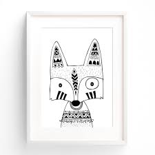 Large Black And White Animal Prints Monochrome Tribal Fox Print Nursery Prints Boy Nursery Animal Prints Art Wall Kids