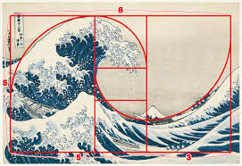 神奈川沖浪裏 絵に線を入れてみると 縦横比がおよそ 5 8 で 1 1 618 の黄金比をなしている長方形が見えてくる また 右側に見える船2 艘のうち 上の船が乗っている波が描く曲線と 左の大波の波頭の輪郭をたどる曲線が らせん的な構図を生み出している 直線の