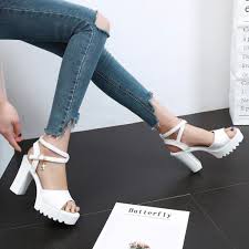 Отстъпка 2020 летни ежедневни обувки на високи токчета женски солени  кристали дебели токчета сандали на платформа черни бели обувки-лодка плюс  размер sandalias < Дамски обувки > CoinGlobal.today