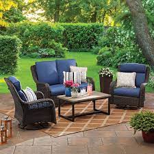 Better Homes Gardens Ravenbrooke 4 Piece Patio Furniture Conversation Set Wicker With Swivel Chairs Walmart Com Backyard Furniture Garden Patio Furniture Patio Furniture Conversation Sets