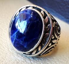 Sodalite Huge Natural Stone Dark Royal Blue Men Ring Sterling Silver 925 Stunning Genuine Gem Two Ottoman Arabic Style Jewelry All Sizes Rings For Men Mens Gemstone Rings Mens Sterling Silver Necklace