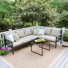 Leisure Made Blakely Black 5 Piece Aluminum Outdoor Sectional With Tan Cushions Patio Seating Sets Patio Seating Conversation Set Patio