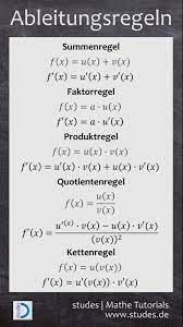 Produktregel sind die funktionen u(x) und v(x) differenzierbar, so ist auch die funktion f(x) = u(x) v(x) differenzierbar, und es gilt: Ableitungsregeln Summenregel Faktorregel Produktregel Quotientenregel Kettenregel Mehr Auf Studes De Nachhilfe Mathe Mathe Mathe Abitur