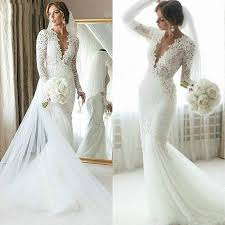 Sale stunning ivory vintage v neck lace fishtail style wedding dress uk 10 12 16. Fishtail Mermaid Wedding Dresses Long Sleeve Deep V Neck Lace Soft Tulle Bridal Gowns Floor Length Elegant Vestido De Noiva Wedding Dresses Aliexpress