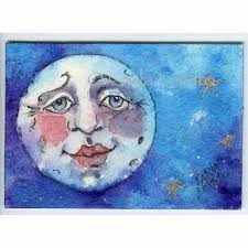 Blue Moon, watercolor painting, 5 x 7 Giclee print, Moon and stars, full  moon, Moon face, celestial decor, moon child