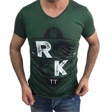 Erkek Baskili V Yaka Fit Tisort Rock Yesil Erkek Tisort Tisort Fit