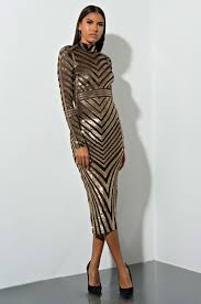 Akira Label Long Sleeve Mesh Based Midi Dress With Allover Sequin Embelishment In Black Gold Looks
