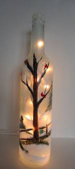 Winter Tree With Cardinals Lighted Wine Bottle Wintercrafts Winebottles Lighted Wine Bottles Bottles Decoration Painted Wine Bottles