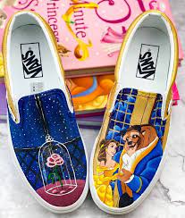 Beauty And The Beast Painted Shoes Disney Painted Shoes Etsy Vans Slip On Shoes Disney Painted Shoes Painted Shoes