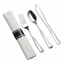 Vector icon cutlery on white isolated background. Shiny Metallic Silver Classic Disposable Plastic Cutlery In White Napkin Rolls Set Spoons Forks Knives Napkins And Paper Rings Posh Party Supplies